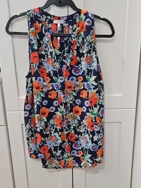 Joie Floral Silk V-Neck Sleeveless Blouse — Navy, Orange & Light Blue